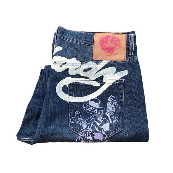 RARE Ed Hardy By Christian Audigier Embroidered Jeans Size 40 Blue - Picture 3 of 10